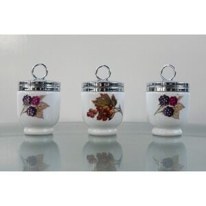 Lot of 3 - Royal Worcester Porcelain Egg Coddler & Lid Evesham Pattern Plum 3"